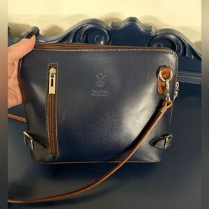 Vera Pelle Dark Blue and Tan Crossbody Bag